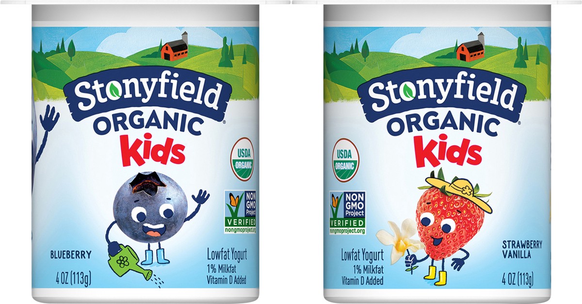 slide 1 of 2, Stonyfield Organic Kids Strawberry Vanilla & Blueberry Lowfat Yogurt Cups, 6 ct