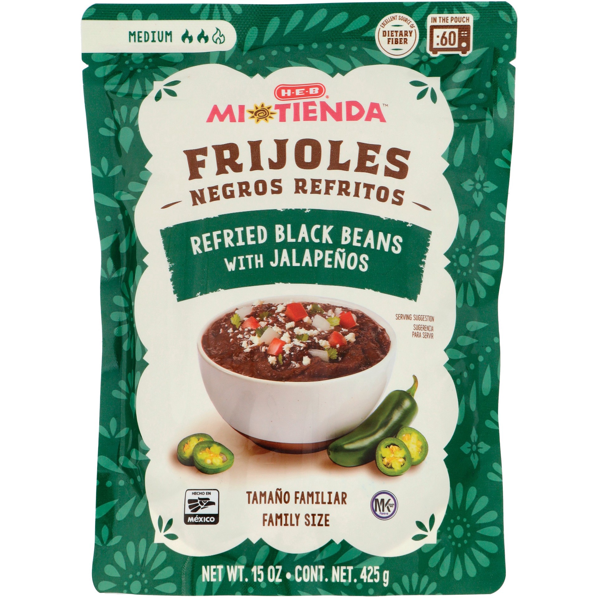 slide 1 of 1, H-E-B Mi Tienda Microwavable Refried Black Beans – Jalapeño, 15 oz