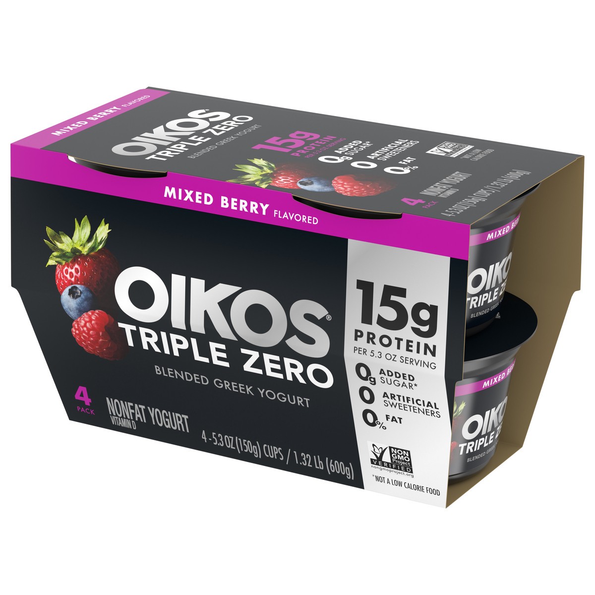 slide 2 of 9, Oikos Triple Zero Mixed Berry Greek Yogurt - 4ct/5.3oz Cups, 4 ct; 5.3 oz