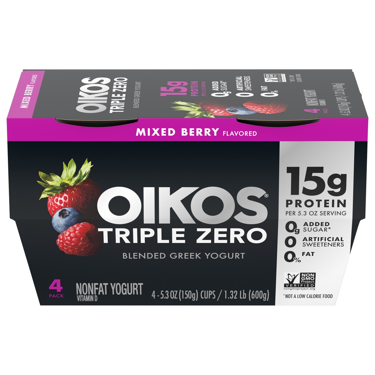 slide 1 of 9, Oikos Triple Zero Mixed Berry Greek Yogurt - 4ct/5.3oz Cups, 4 ct; 5.3 oz