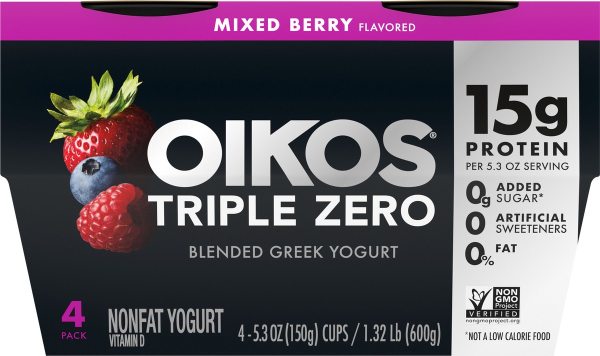 slide 9 of 9, Oikos Triple Zero Mixed Berry Greek Yogurt - 4ct/5.3oz Cups, 4 ct; 5.3 oz