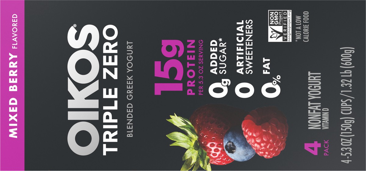 slide 5 of 9, Oikos Triple Zero Mixed Berry Greek Yogurt - 4ct/5.3oz Cups, 4 ct; 5.3 oz