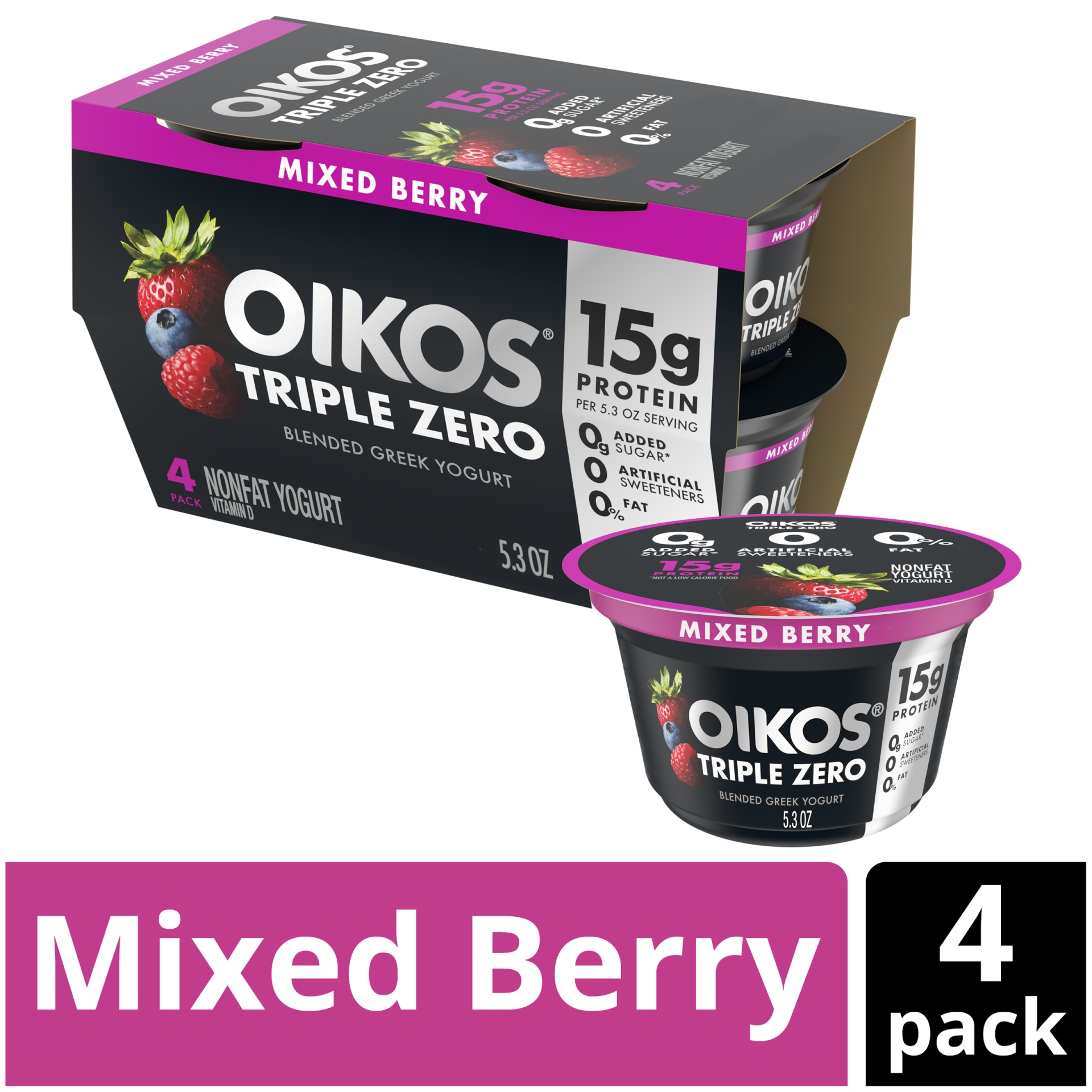 slide 1 of 7, Oikos Triple Zero Mixed Berry Greek Yogurt Cups, 5.3 oz