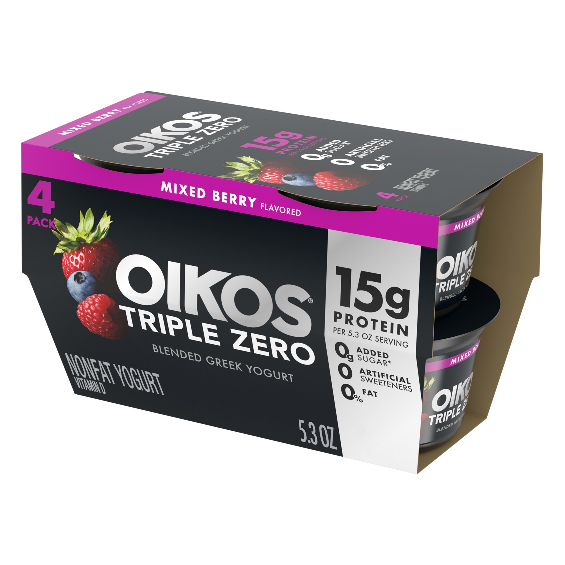 slide 1 of 4, Oikos Triple Zero Mixed Berry Greek Yogurt Cups, 5.3 oz