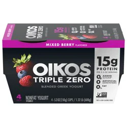Oikos Mixed Berry 15g Protein, 0g Added Sugar, Nonfat Greek Yogurt Pack, 4 Ct, 5.3 OZ Cups