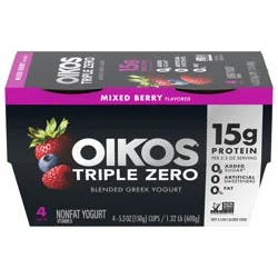 Oikos Mixed Berry 15g Protein, 0g Added Sugar, Nonfat Greek Yogurt Pack, 4 Ct, 5.3 OZ Cups