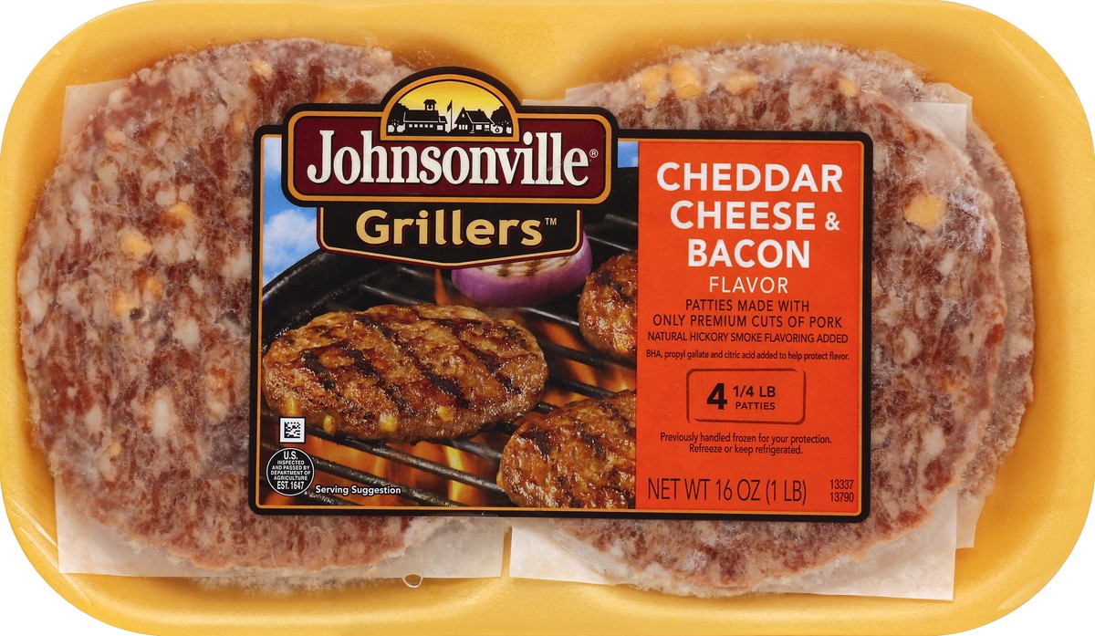 slide 4 of 4, Johnsonville Grillers Cheddar Cheese & Bacon Flavor Bratwurst Patties, 4 ct