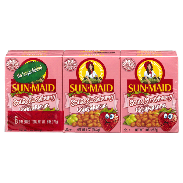 slide 1 of 1, Sun-Maid Sour Strawberry Flavored Golden Raisins, 6 ct; 1 oz