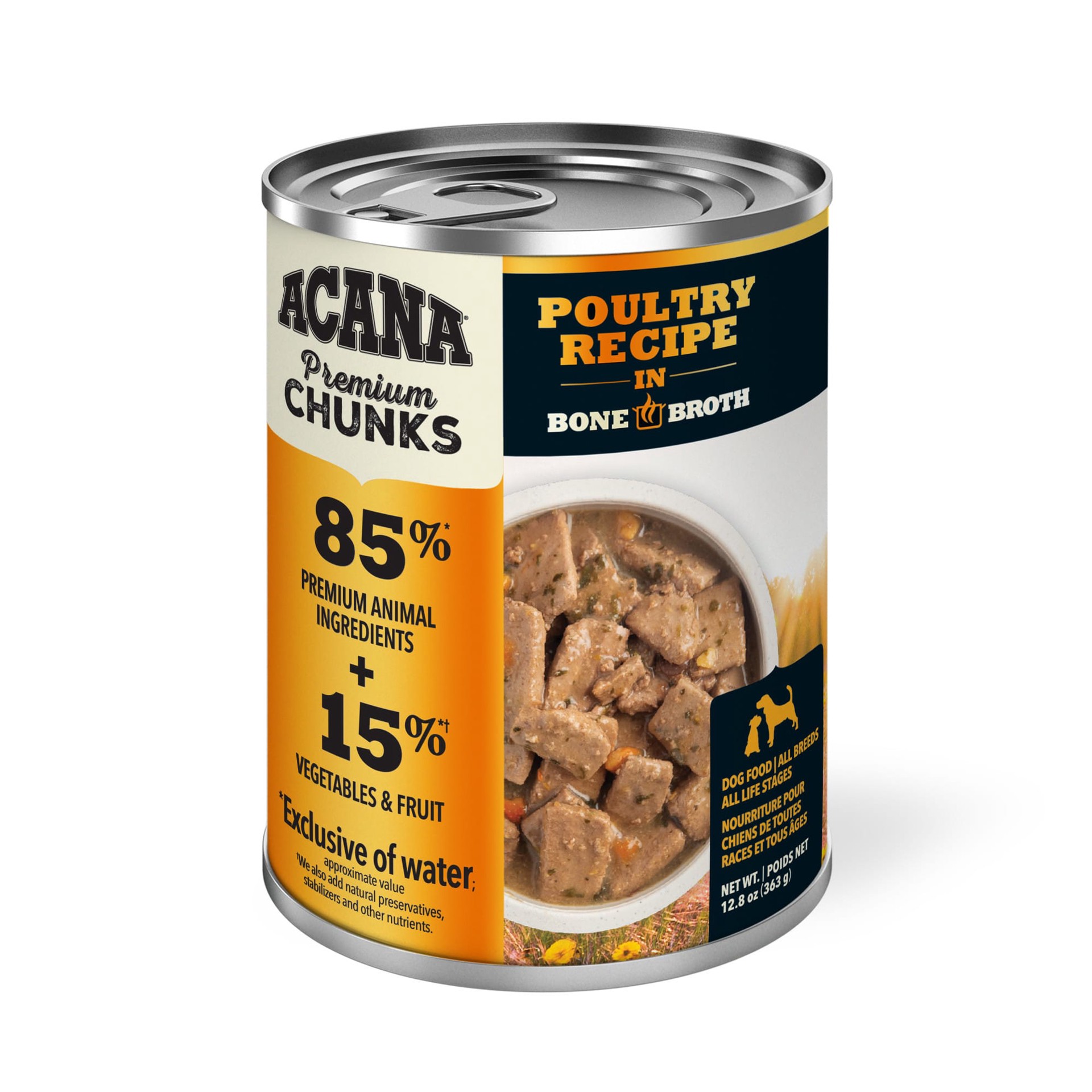 slide 1 of 5, ACANA Premium Chunks Wet Dog Food Poultry Recipe in Bone Broth, 12.8oz, case of 12 cans, 12.8 oz