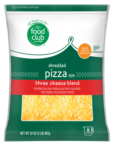slide 1 of 1, Food Club Pizza Style Three Cheese Blend Low-moisture Part-skim Mozzarella, Mild Cheddar & Provolone Shredded Cheese, 2 lb