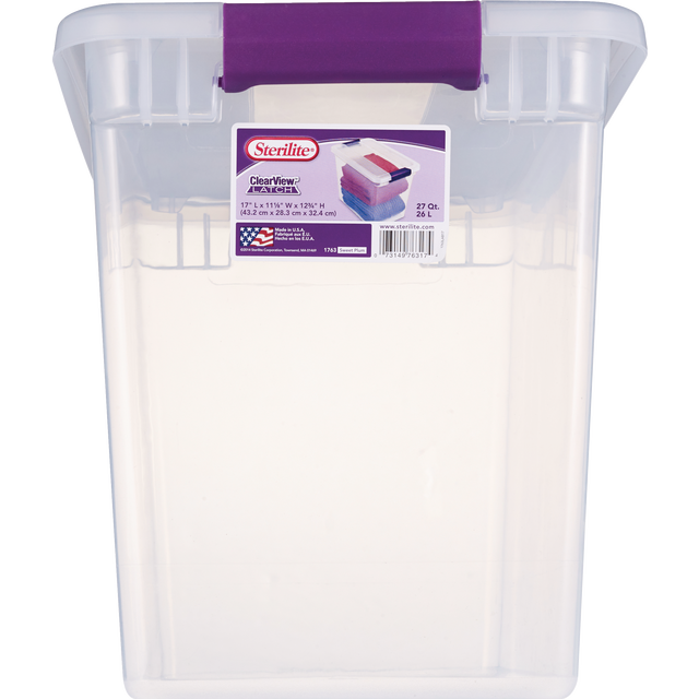 slide 1 of 1, Sterilite ClearView Latch Storage Tote - Clear With Purple Latch, 27 qt