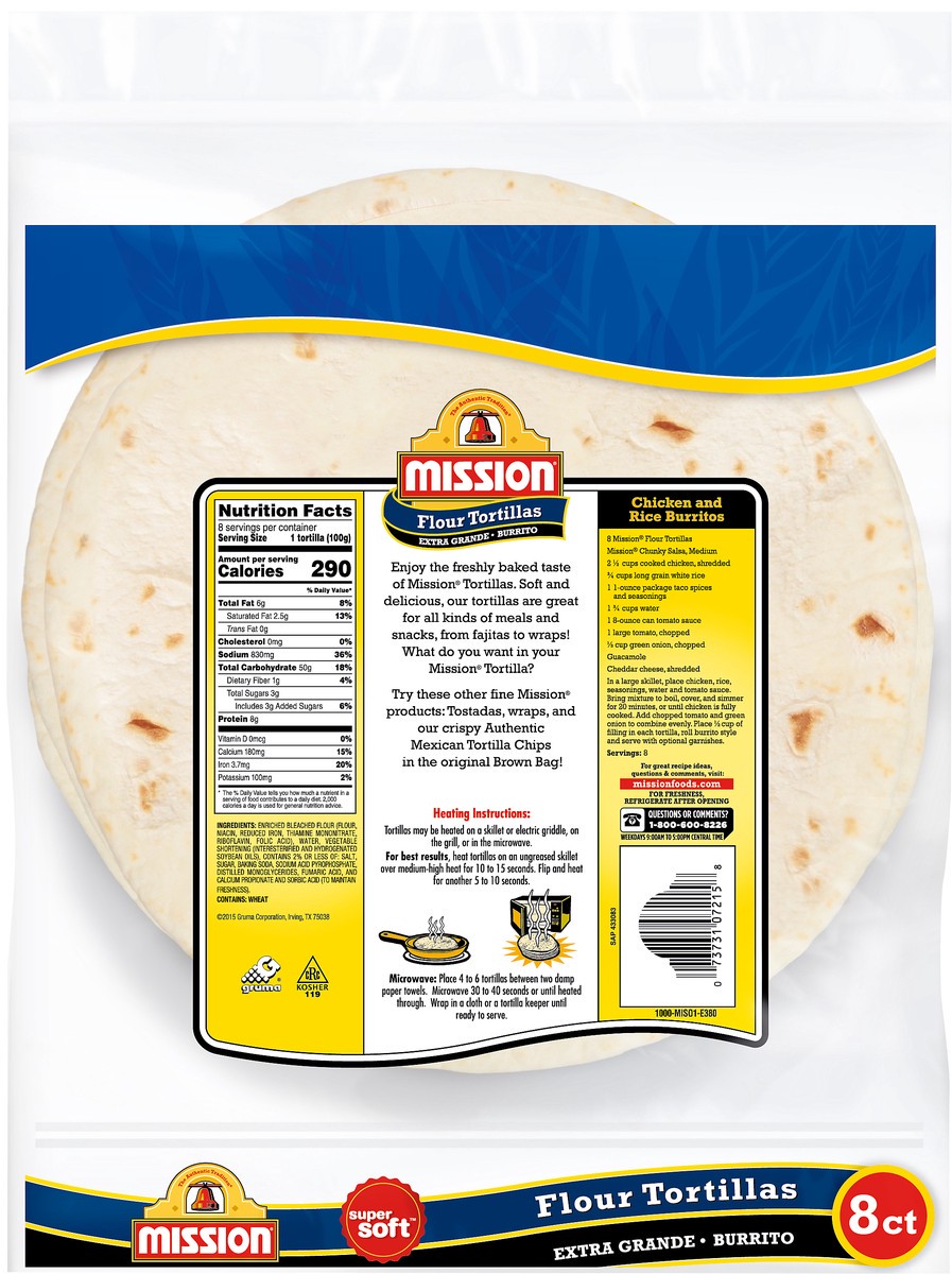 slide 3 of 3, Mission Super Soft Burrito Extra Grande Flour Tortillas 8.0 ea, 8 ct