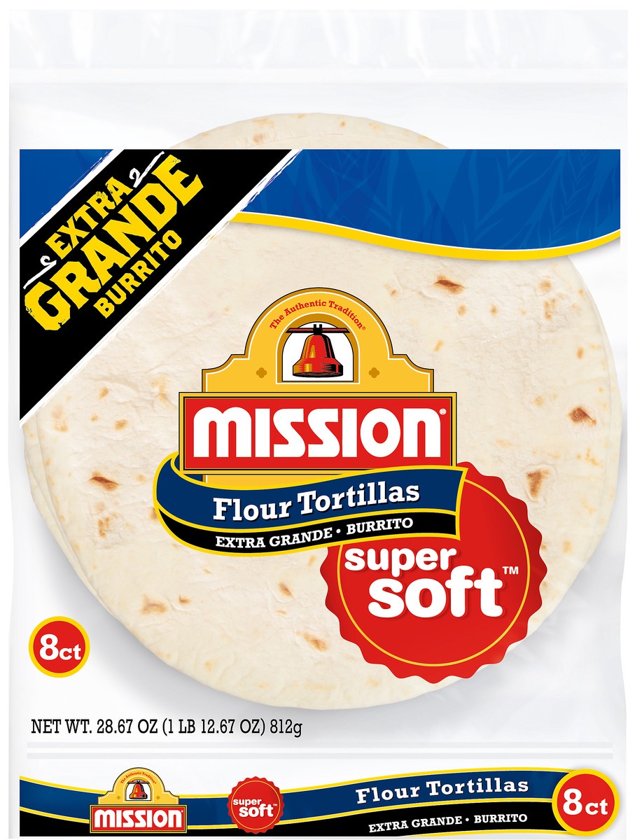 slide 2 of 3, Mission Super Soft Burrito Extra Grande Flour Tortillas 8.0 ea, 8 ct