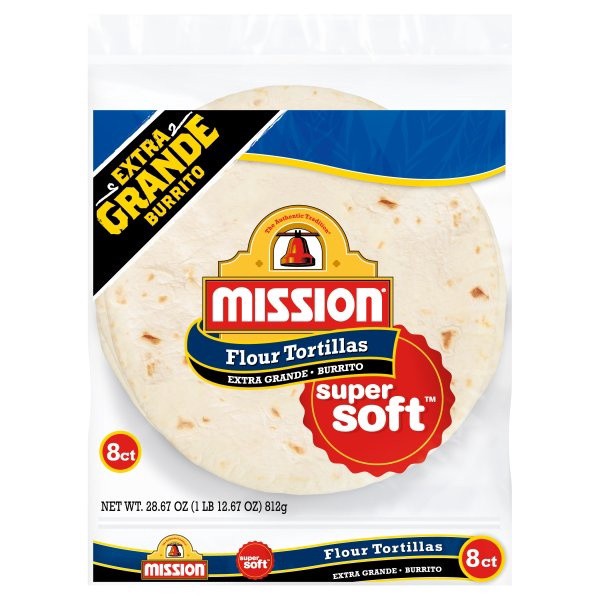 slide 1 of 3, Mission Super Soft Burrito Extra Grande Flour Tortillas 8.0 ea, 8 ct