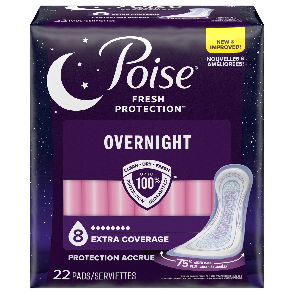 slide 1 of 1, Poise Overnight Incontinence & Postpartum Pads for Bladder Leaks, 8 Drop Extra Coverage, 22 Count, 22 ct