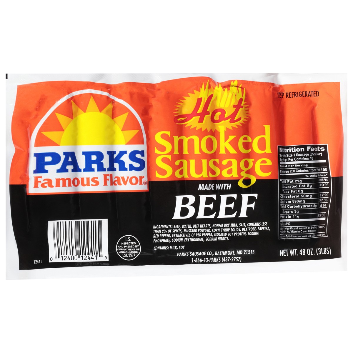 slide 8 of 12, Parks Famous Flavor Smoked Hot Sausage 48 oz, 48 oz