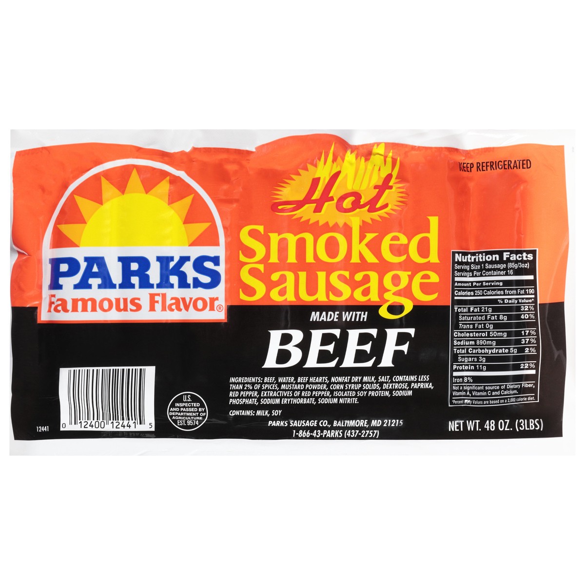 slide 1 of 12, Parks Famous Flavor Smoked Hot Sausage 48 oz, 48 oz