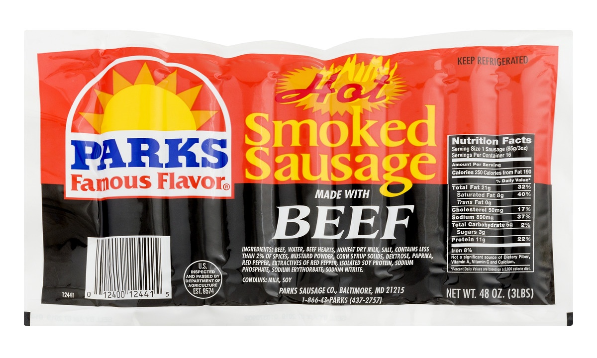 slide 1 of 1, Parks Beef Sausage - Smoked - Hot, 48 oz