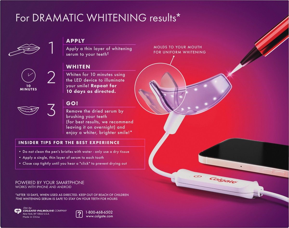 slide 3 of 8, Colgate Optic White ComfortFit LED Teeth Whitening Kit, Hydrogen Peroxide Teeth Whitening Gel Kit, Helps Remove 10 Years of Stains, Enamel Safe, Includes Whitening Pen and Flexible LED Light, 1 ct