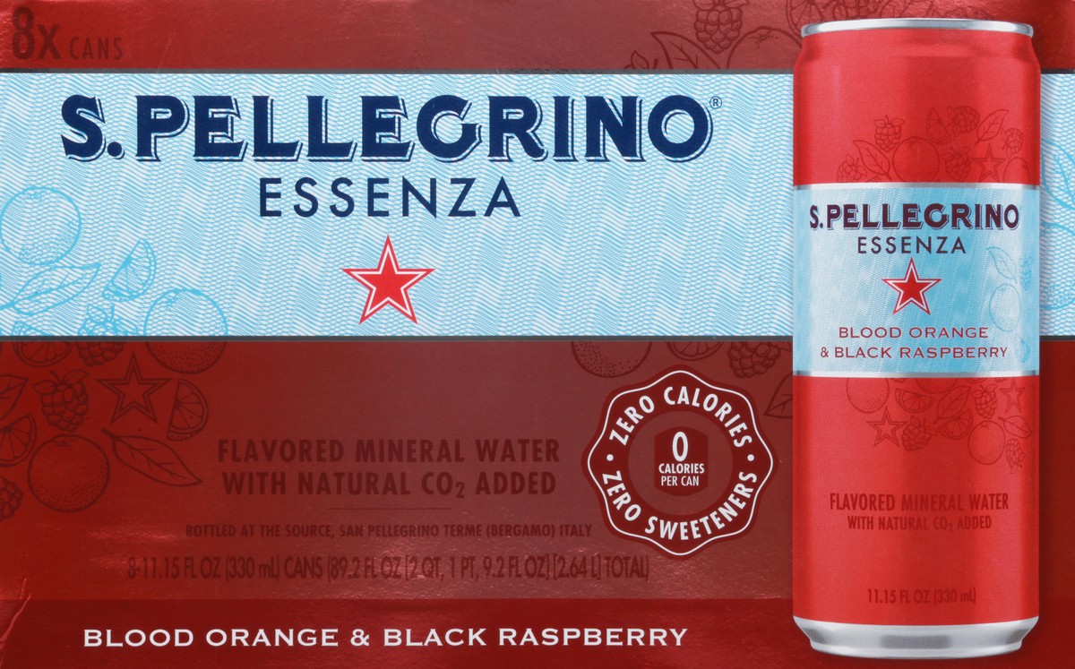 slide 1 of 9, S.Pellegrino Essenza Blood Orange & Black Raspberry Flavored Mineral Water with CO2 Added, 8 Pack of 11.15 Fl Oz Cans, 89.2 oz