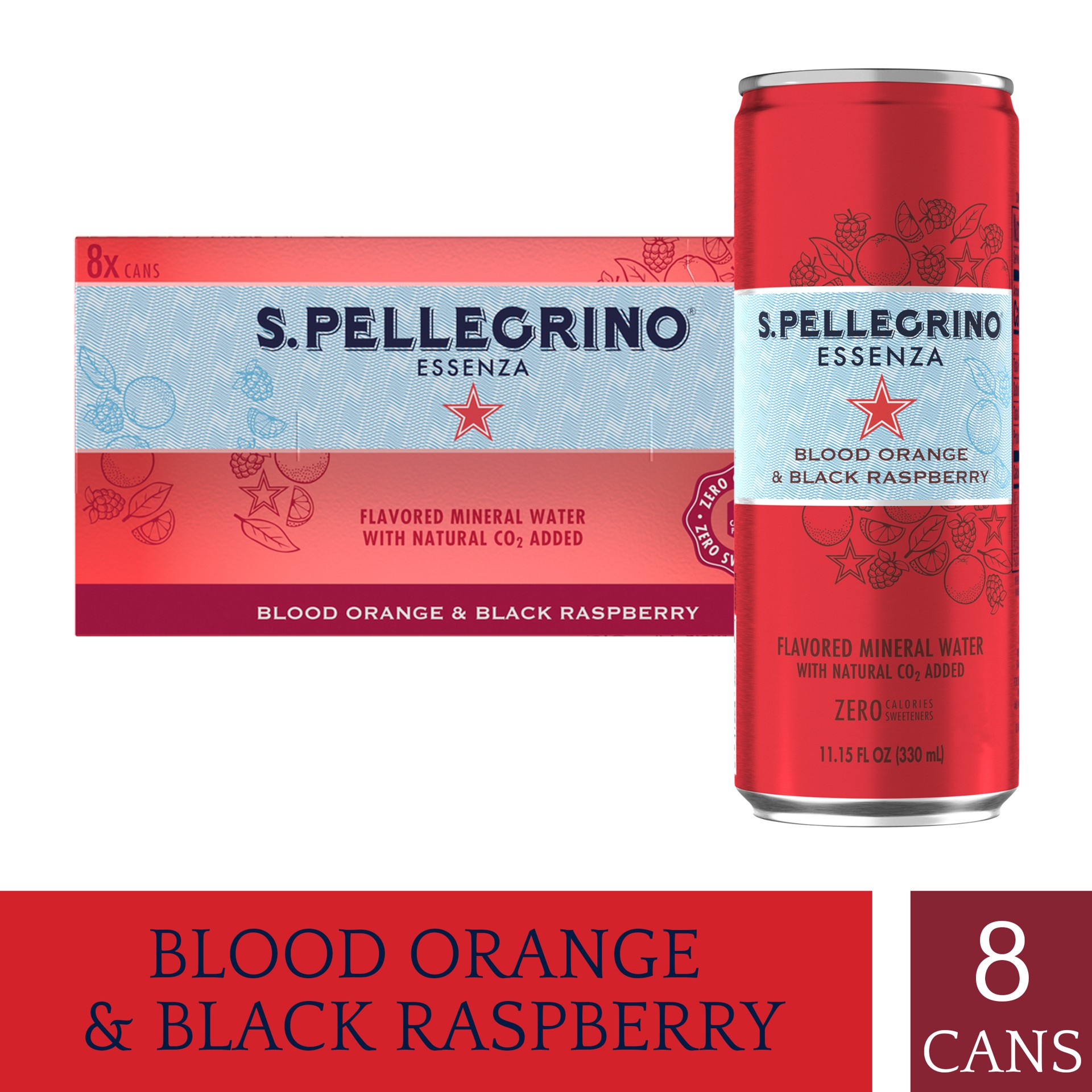 slide 1 of 9, S.Pellegrino Essenza Blood Orange & Black Raspberry Flavored Mineral Water with CO2 Added, 8 Pack of 11.15 Fl Oz Cans, 89.2 oz