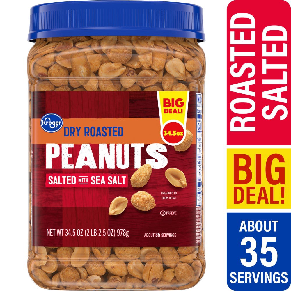 slide 1 of 3, Kroger Sea Salted Dry Roasted Peanuts, 34.5 oz