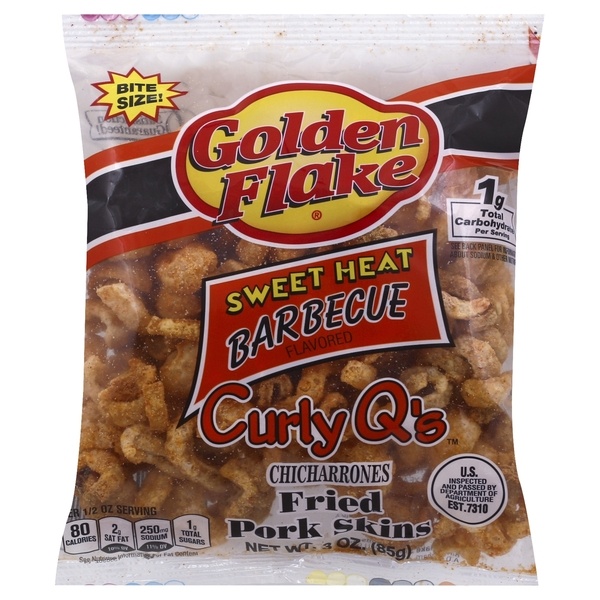 slide 1 of 1, Golden Flake Sweet Heat Barbecue Fired Pork Skins, 3 oz