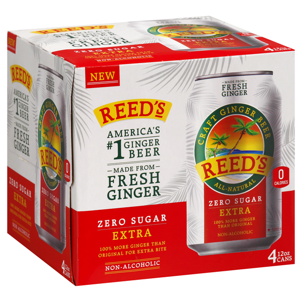 slide 1 of 1, Reed's Zero Sugar Extra Ginger Beer - 4 ct, 1 ct