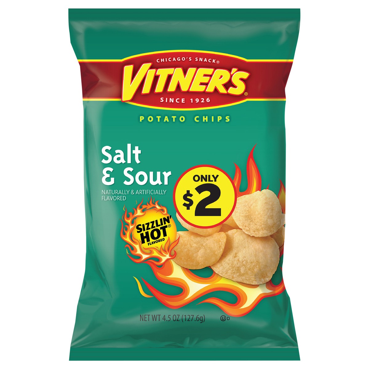 slide 1 of 7, Vitner's Potato Chips, Salt & Sour, Sizzlin' Hot, Pre-Priced, 4.5 oz
