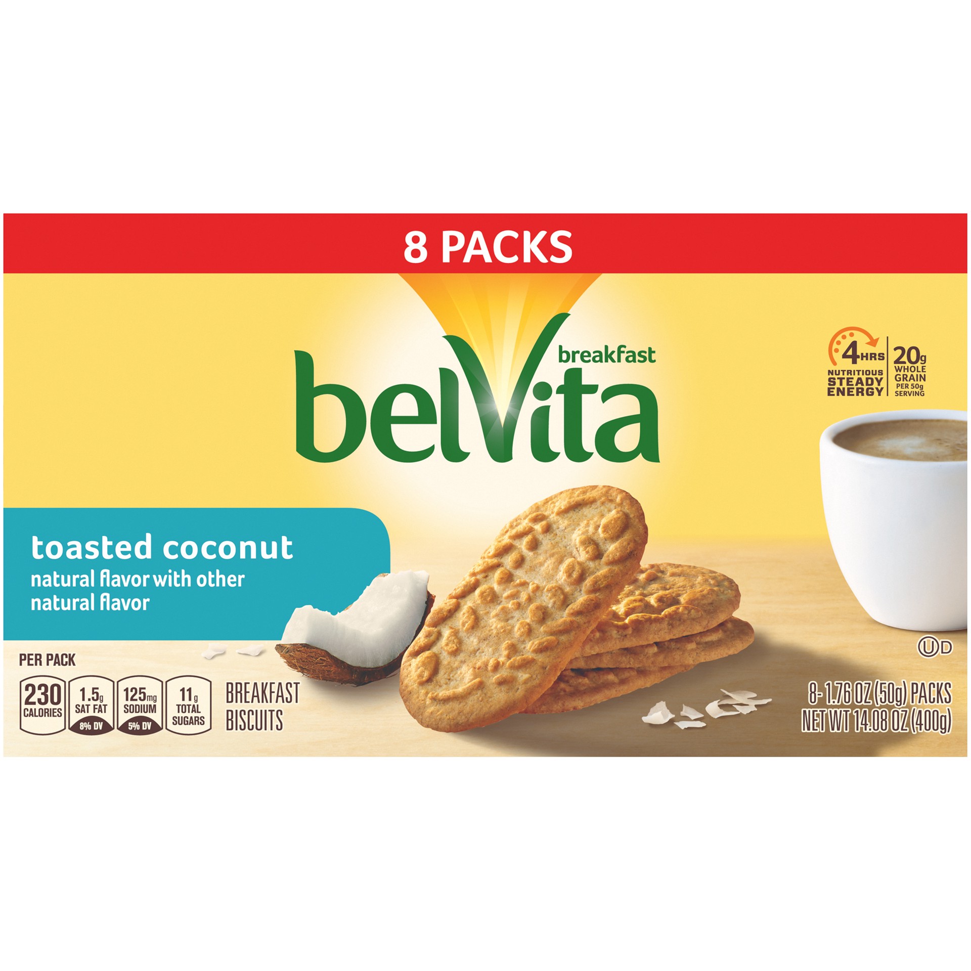 slide 5 of 5, belVita Toasted Coconut Breakfast Biscuits, 8 Packs (4 Biscuits Per Pack), 14.08 oz