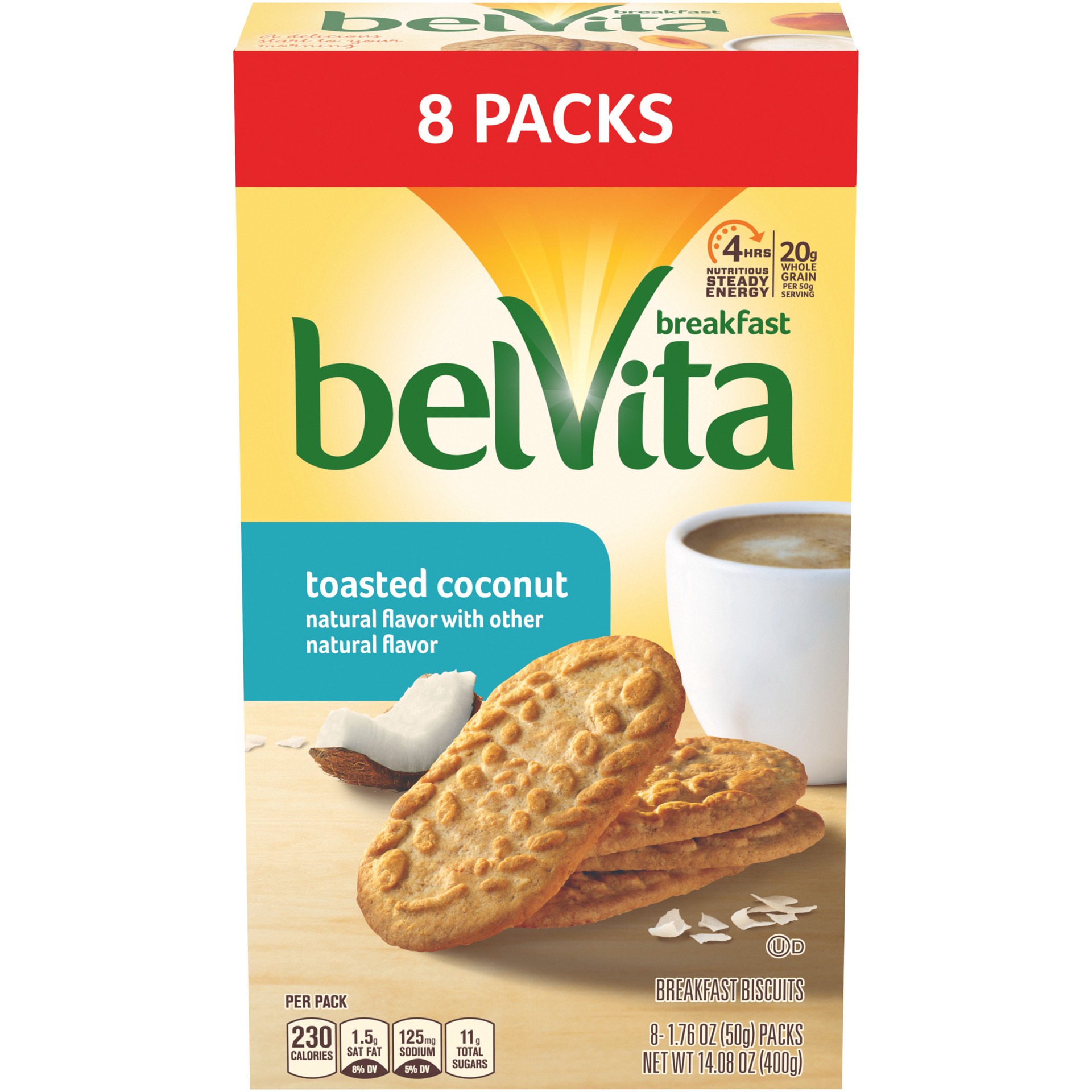 slide 1 of 5, belVita Toasted Coconut Breakfast Biscuits, 8 Packs (4 Biscuits Per Pack), 14.08 oz