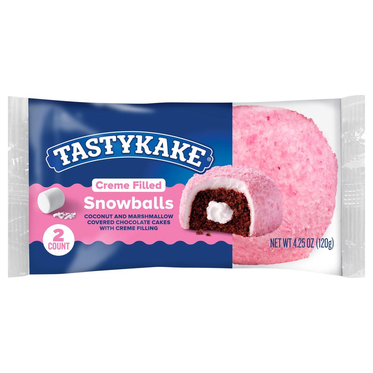 slide 1 of 7, Tastykake Creme Filled Snowballs, 2 Coconut & Marshmallow Covered Chocolate Snack Cakes, 4.25 oz