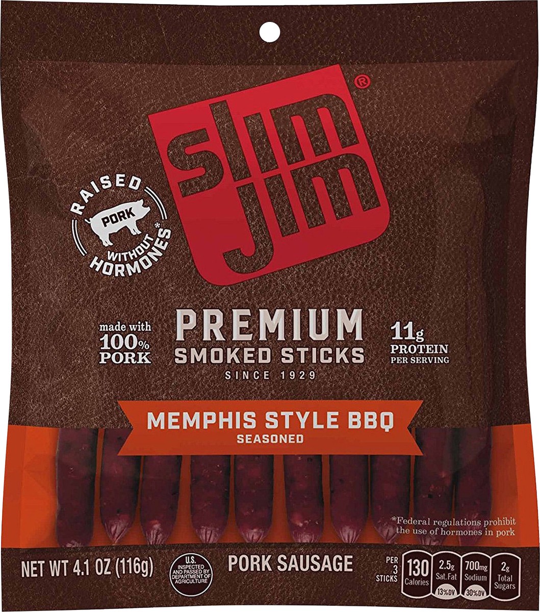 slide 1 of 2, Slim Jim Premium Memphis Style BBQ Seasoned Smoked Sticks 4.1 oz, 4.1 oz