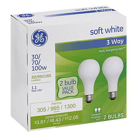 slide 1 of 1, Ge Light Bulbs A21 Soft White General Purposes 30 70 150 Watts, 2 ct