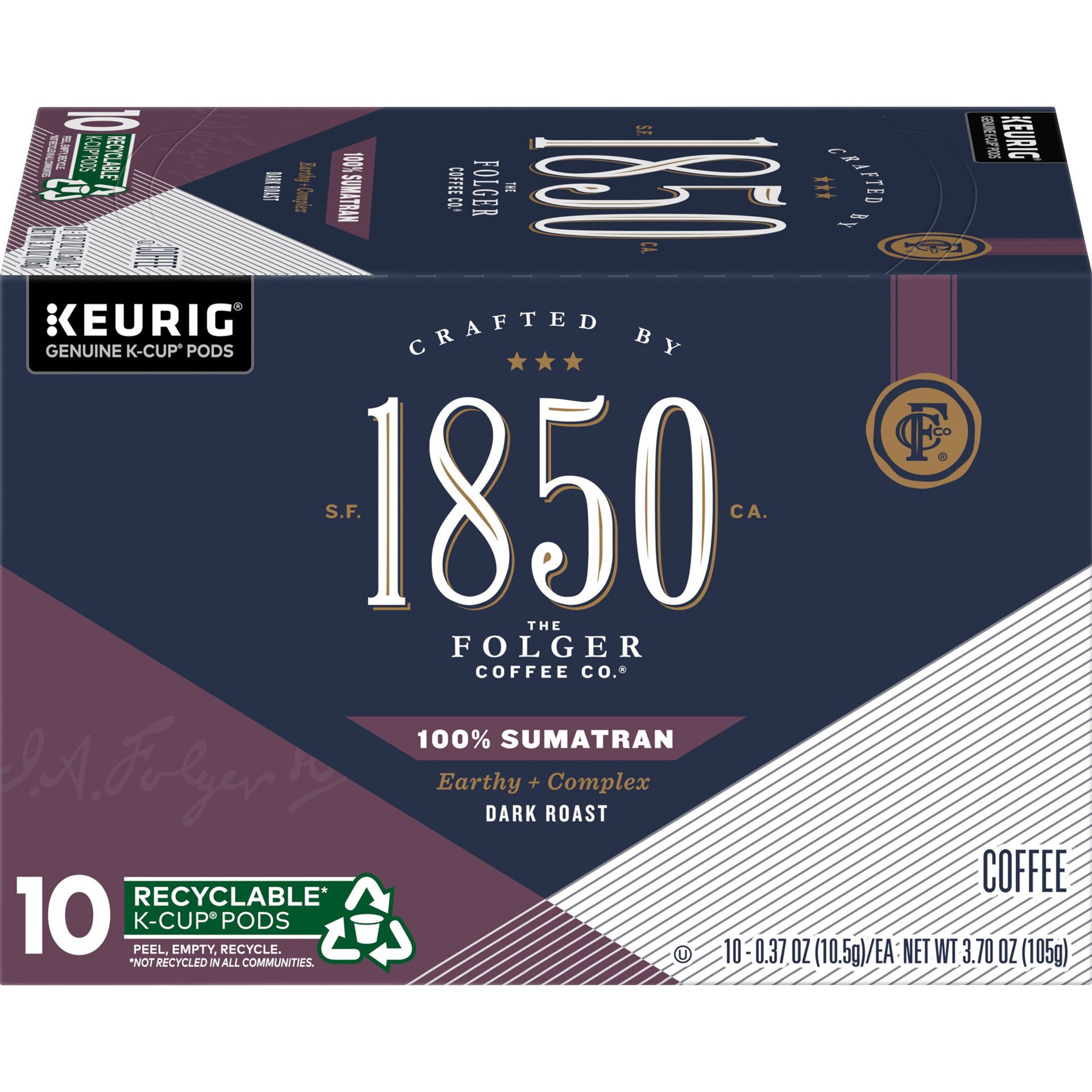 slide 1 of 5, Folgers 1850 Sumatran Exchange, Dark Roast Coffee, K-Cup Pods for Keurig Brewers, 10-Count, 3.7 oz