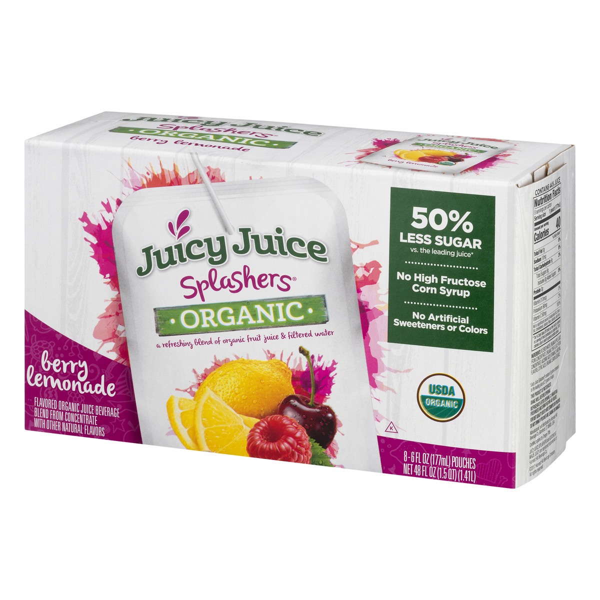 slide 2 of 9, Juicy Juice Splashers 8 Pack Organic Berry Lemonade Juice Beverage 8 ea - 8 ct, 8 ct; 6 fl oz