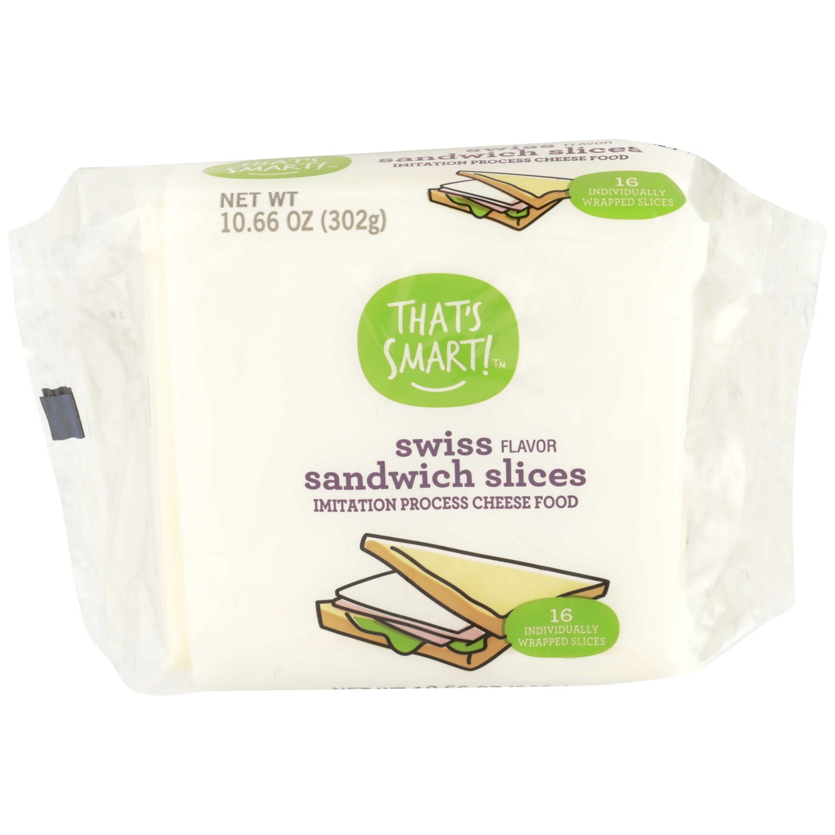 slide 1 of 1, That's Smart! Swiss Flavor Imitation Process Cheese Food Sandwich Slices, 10.66 oz