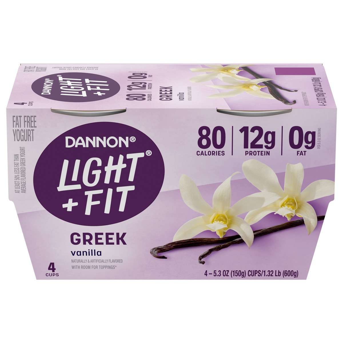 slide 1 of 5, Light + Fit Greek Vanilla Fat Free Yogurt Pack, 4 Ct, 5.3 OZ Yogurt Cups, 5.3 oz