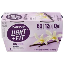 Dannon Light + Fit Vanilla Greek Nonfat Yogurt Pack, 4 Ct, 5.3 OZ Cups