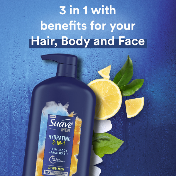 slide 3 of 19, Suave Hydrating 3-in-1 Citrus & Musk Hair + Body + Face Wash 30 fl oz, 30 fl oz