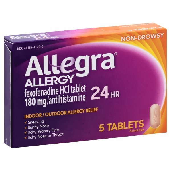 slide 1 of 9, Allegra 24 Hour Allergy Relief Tablets - Fexofenadine Hydrochloride, 5 ct