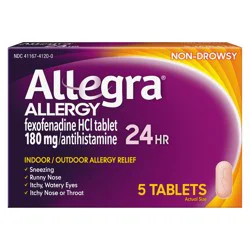 Allegra Adult 24-Hour Allergy Relief Tablets, Non-Drowsy Indoor and Outdoor Allergy Medicine, 180 mg Fexofenadine HCl Antihistamine Pill, 5-Count