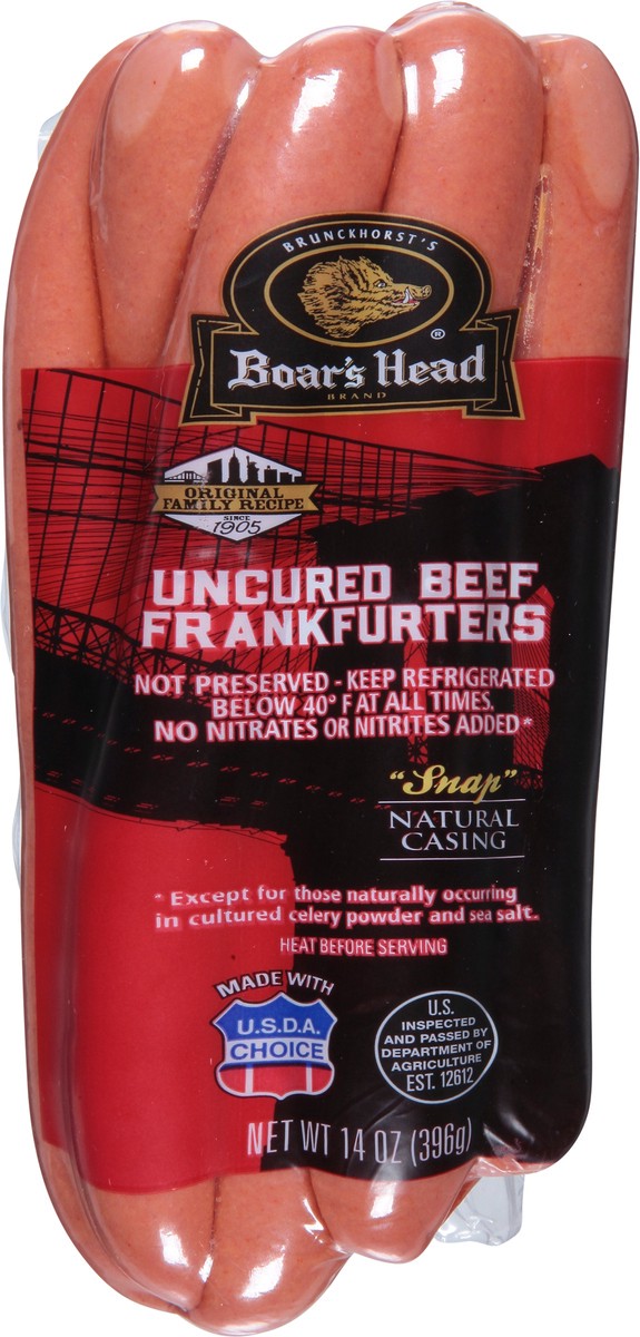 slide 6 of 9, Boar's Head Uncured Beef Frankfurters, 14 oz