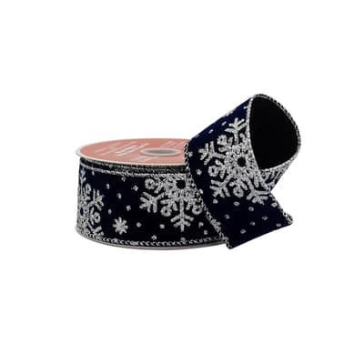 slide 1 of 3, 1.5" X 25ft. Navy & Silver Snowflake Wired Velvet Ribbon By Celebrate It, 1.5 in x 25 ft