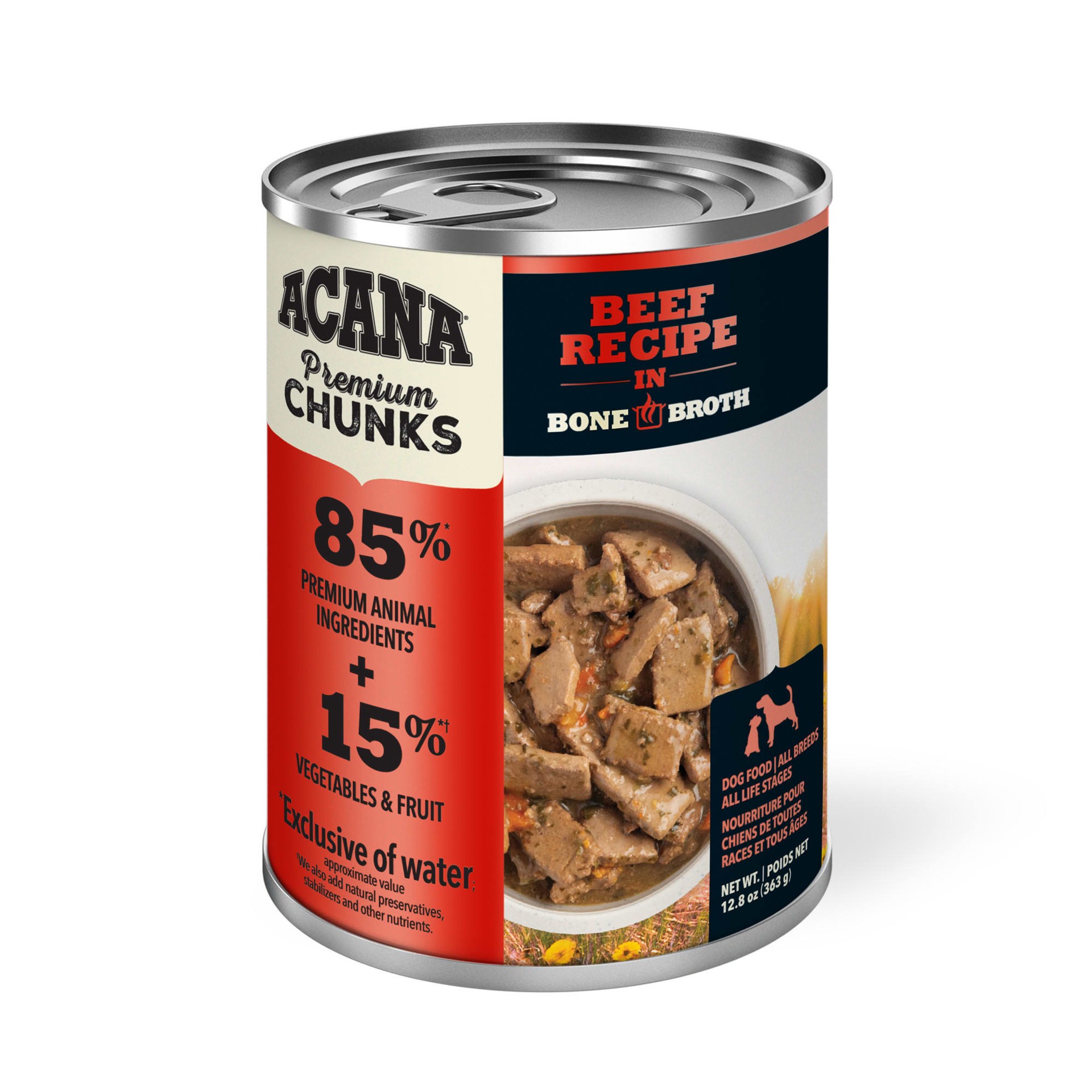 slide 1 of 5, ACANA Premium Chunks Wet Dog Food Beef Recipe in Bone Broth, 12.8oz, case of 12 cans, 12.8 oz