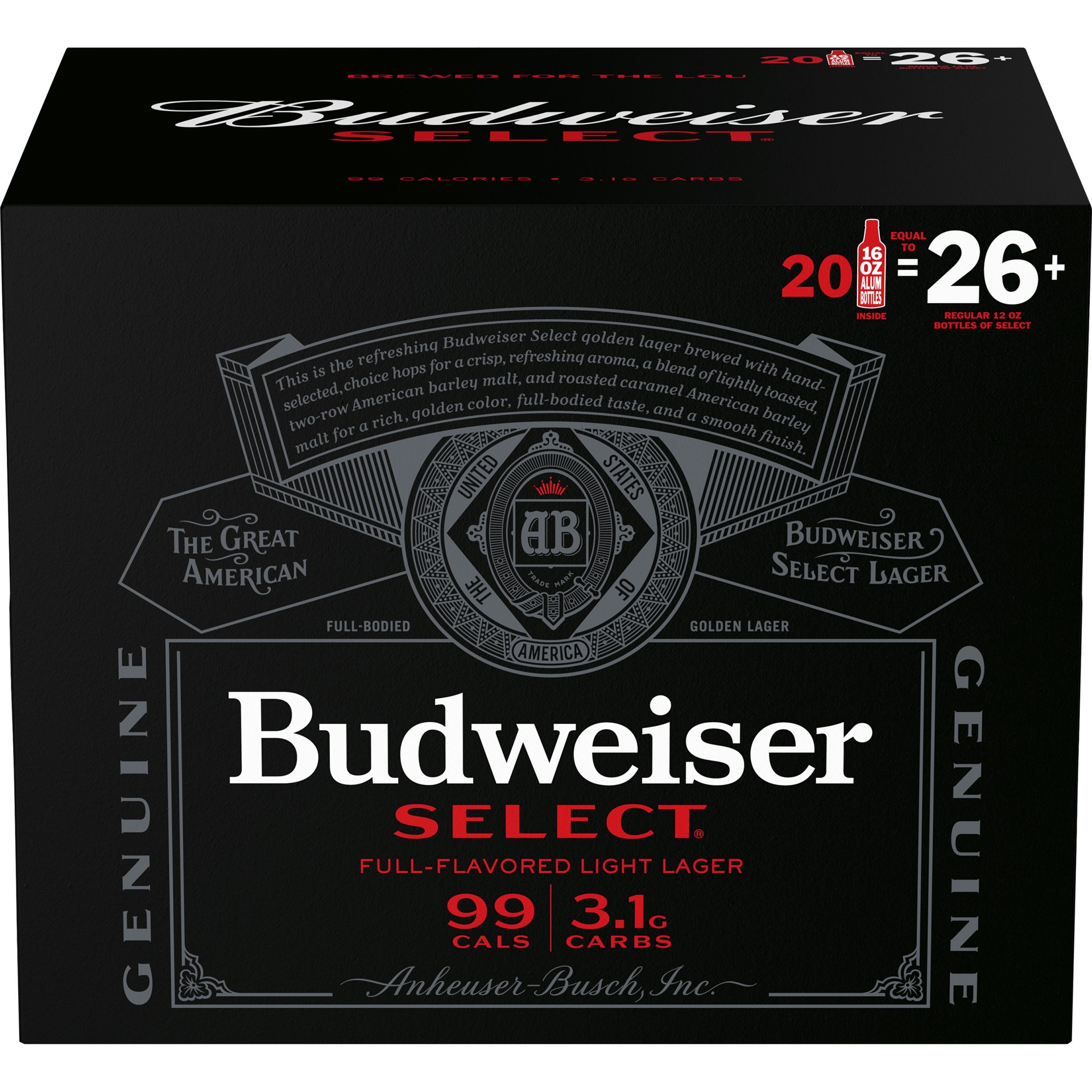 slide 1 of 1, Budweiser Select Light Beer, 20 Pack 16 fl. oz. Bottles, 4.3% ABV, 320 fl. oz