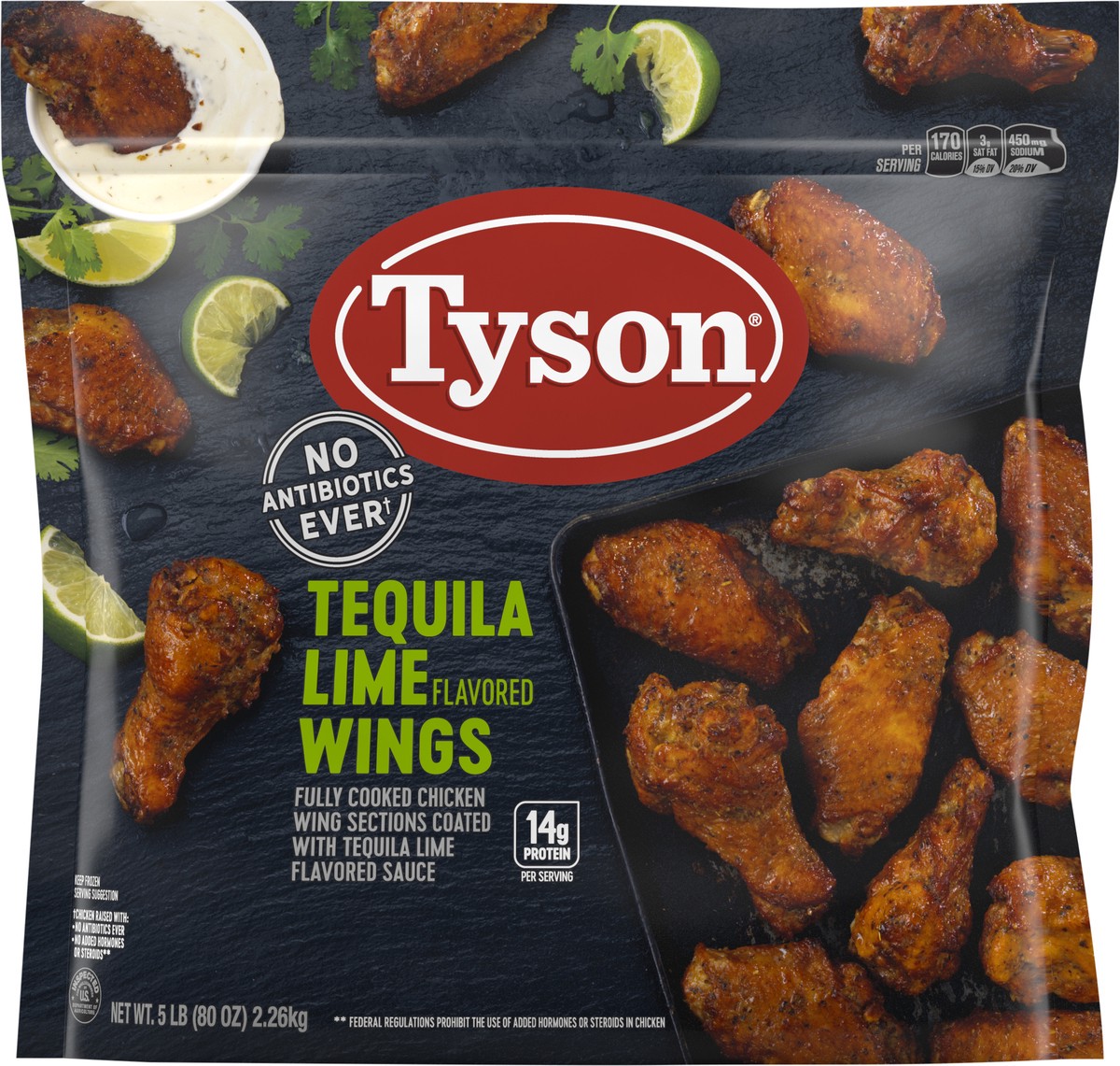 slide 6 of 10, Tyson Tequila Lime Bone-In Chicken Wings, 5 lb. (Frozen), 2.27 kg