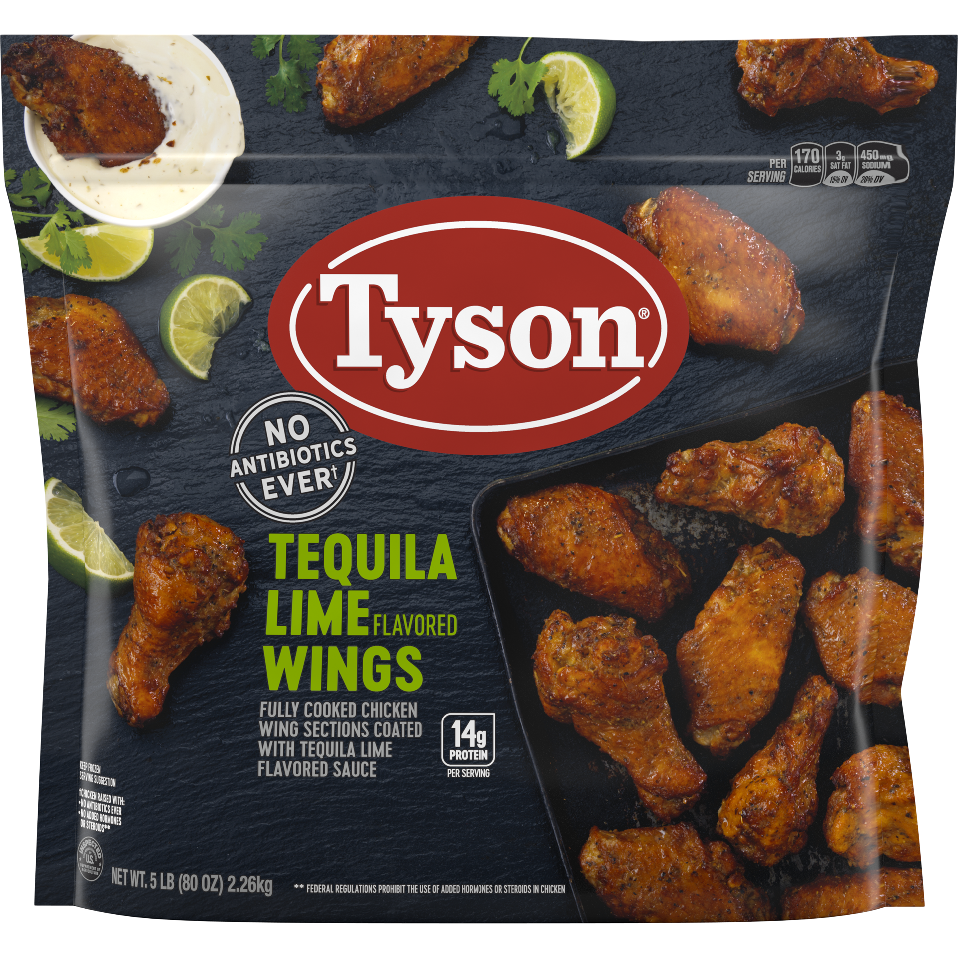 slide 1 of 10, Tyson Tequila Lime Bone-In Chicken Wings, 5 lb. (Frozen), 2.27 kg