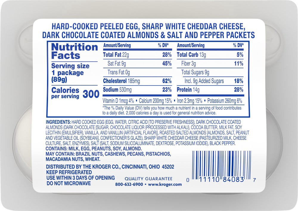 slide 4 of 5, Kroger Peeled Egg White Cheddar Cheese Dark Chocolate Almonds Protein Snack Medley, 3.35 oz