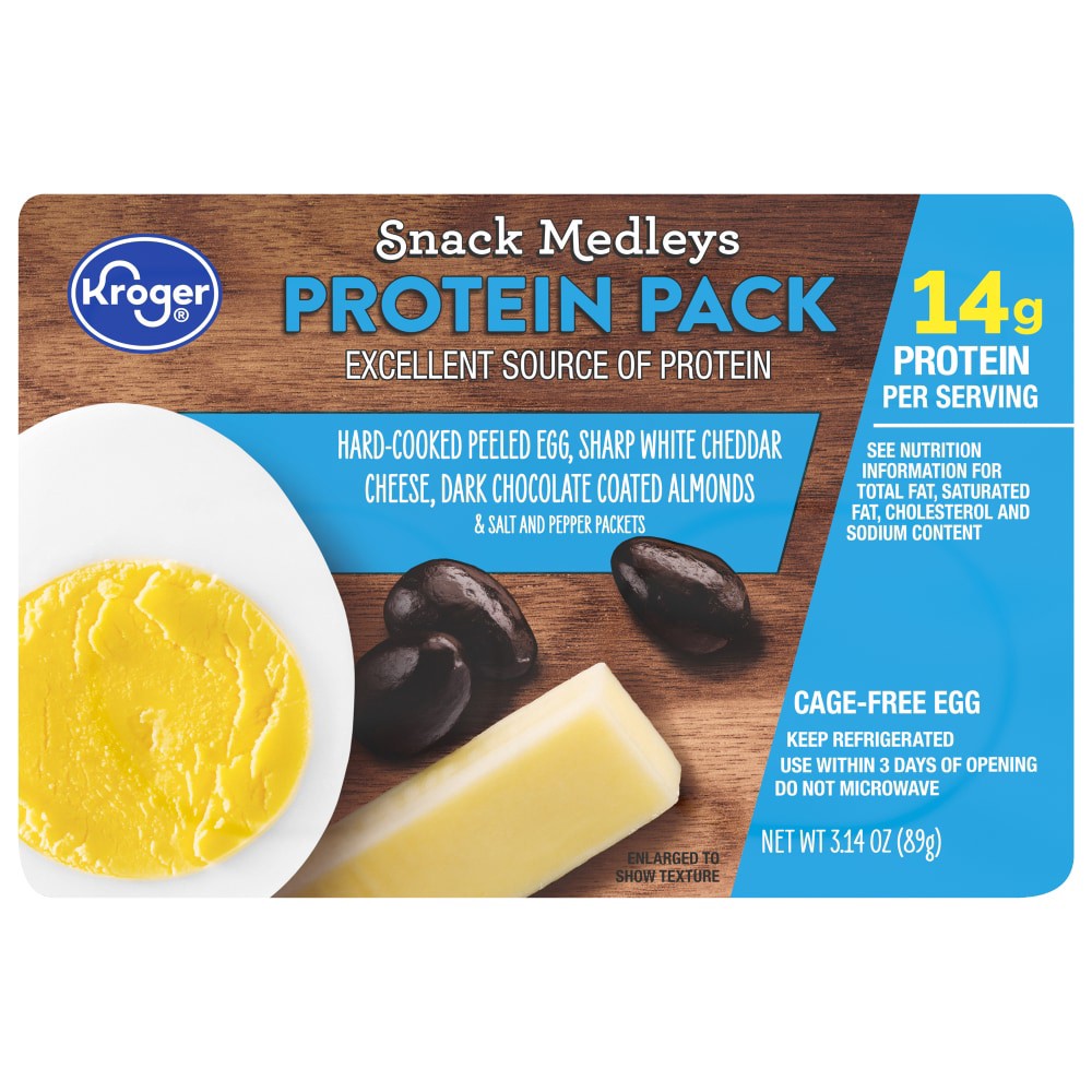 slide 1 of 5, Kroger Peeled Egg White Cheddar Cheese Dark Chocolate Almonds Protein Snack Medley, 3.35 oz